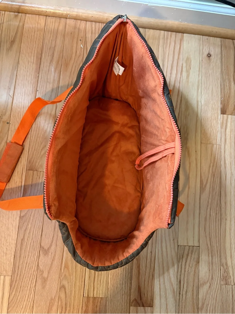 Vintage: Quilted Brown and Orange Dog Carrier Tote with Pink Logo